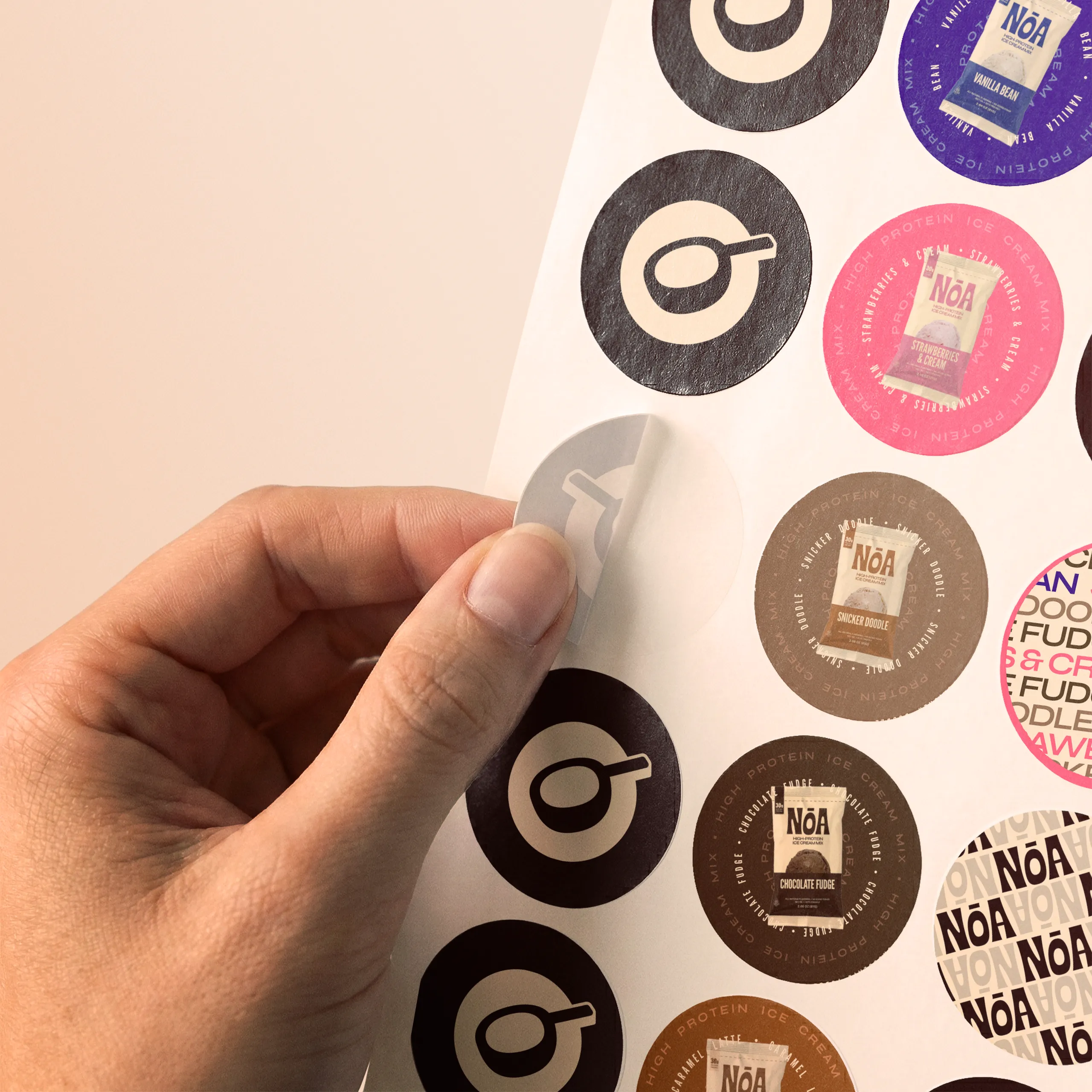 NŌA Protein label sheet mockup — all five flavors